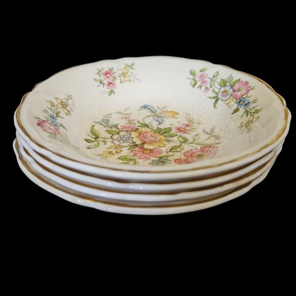 Set of 4 Vintage Edwin M. Knowles Semi-Vitreous 5.5" Bowls Floral Gold Trim USA - Picture 4 of 6